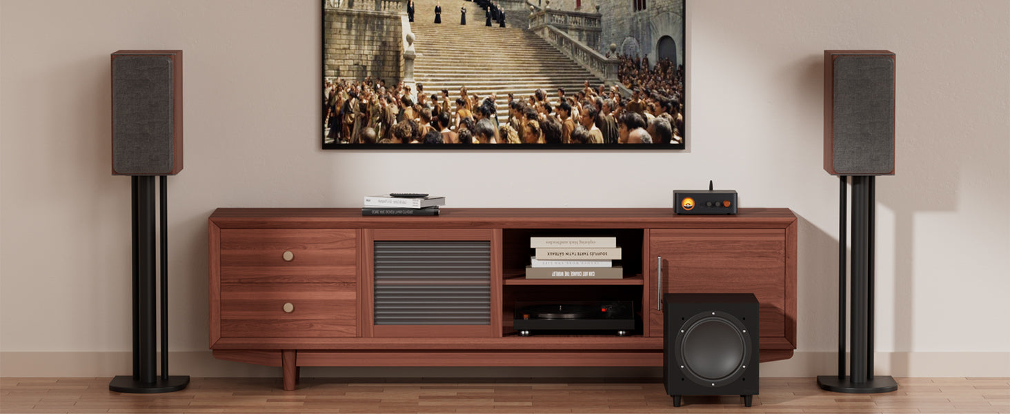 home cinema setup with Fosi Audio v3 monoblock amplifiers