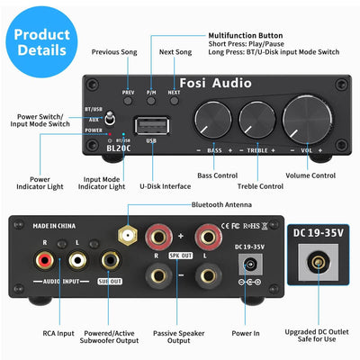 Fosi Audio BL20C Bluetooth USB Stereo Amplifier - Fosi Audio