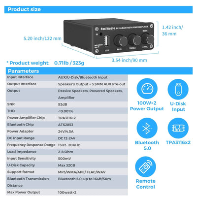 Fosi Audio BL20A Bluetooth USB Power Amplifier - Fosi Audio