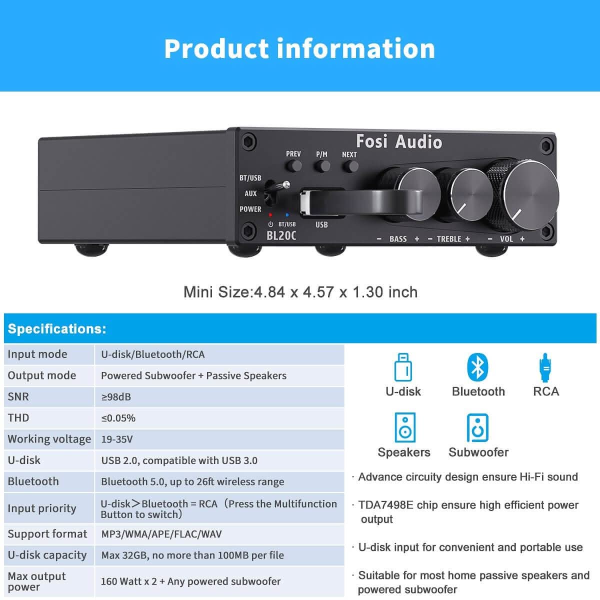 Fosi Audio BL20C Bluetooth USB Stereo Amplifier - Fosi Audio