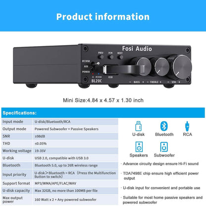 Fosi Audio BL20C Bluetooth USB Stereo Amplifier - Fosi Audio